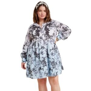 Anthropologie Dress Womens 14 White Blue Lavinia Floral Ombre Embroidered Shirt